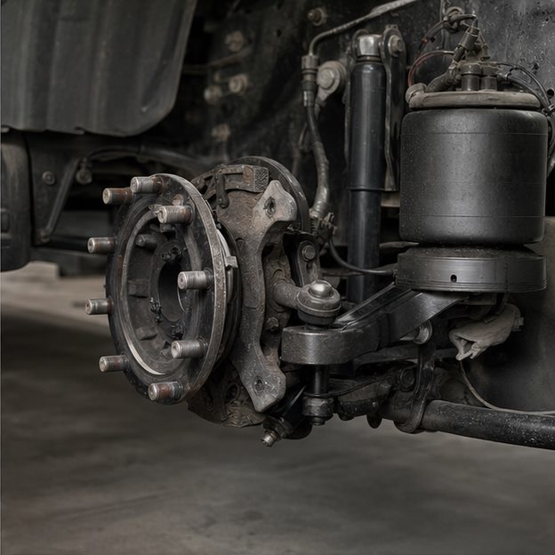 Detailaufnahme einer Nutzfahrzeugachse bei der Instandsetzung