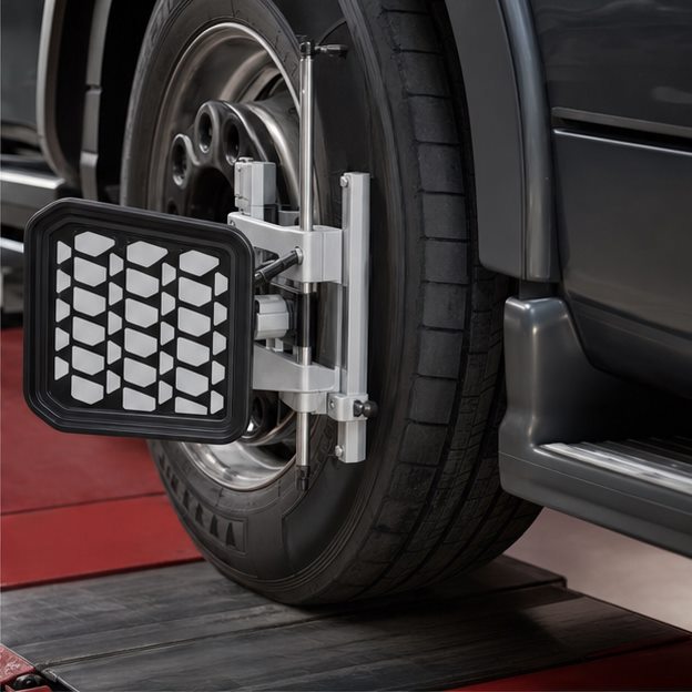 Detailaufnahme zur Achsvermessung bei Fix & Flott Messsensor an einem Rad bei der Achsvermessung