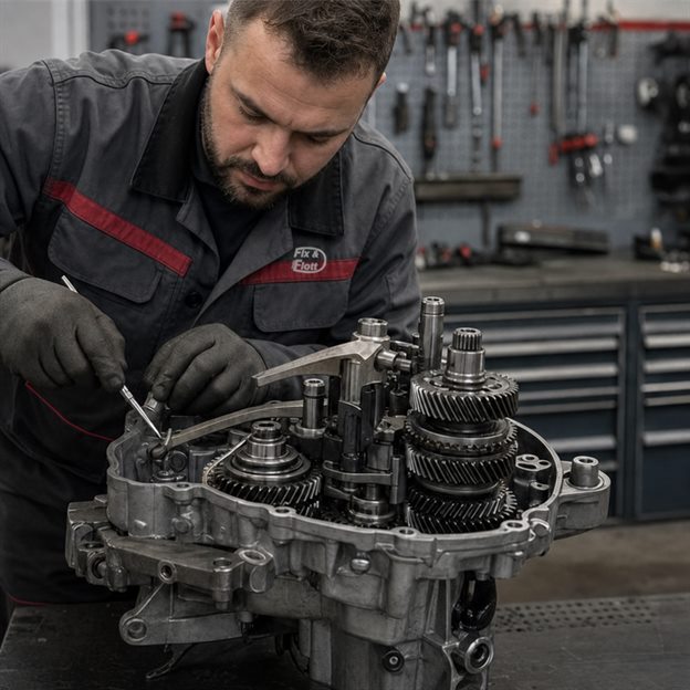 Mechaniker setzt ein Fahrzeuggetriebe fachgerecht instand