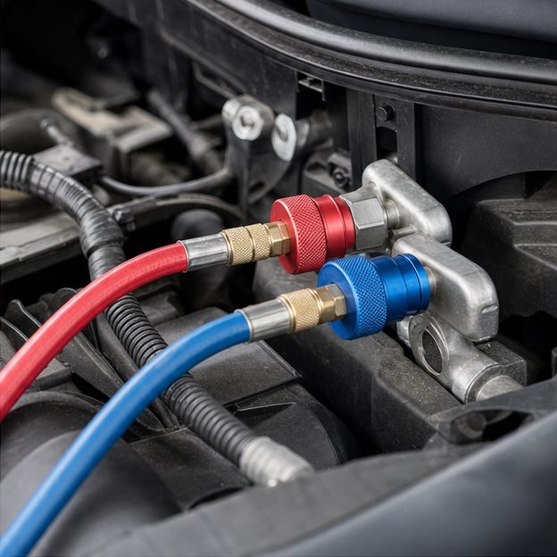 Detailaufnahme zur Klimaanlagenwartung bei Fix & Flott Serviceanschlüsse bei der Wartung einer Fahrzeugklimaanlage