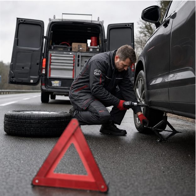 Mechaniker leistet Pannenhilfe am Straßenrand