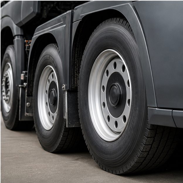 Neu montierte Lkw-Reifen nach abgeschlossenem Reifenservice