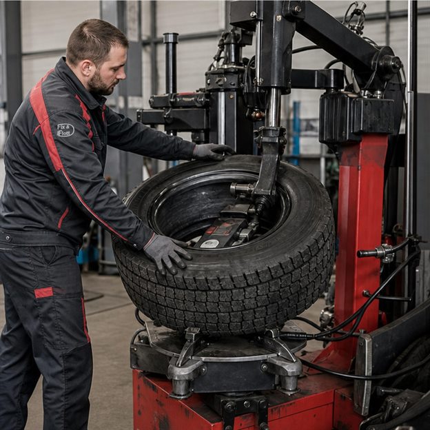 Mechaniker montiert einen Reifen in der Werkstatt