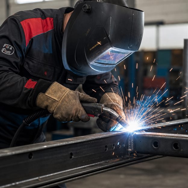 Mechaniker führt Schweißarbeiten am Fahrzeugrahmen durch