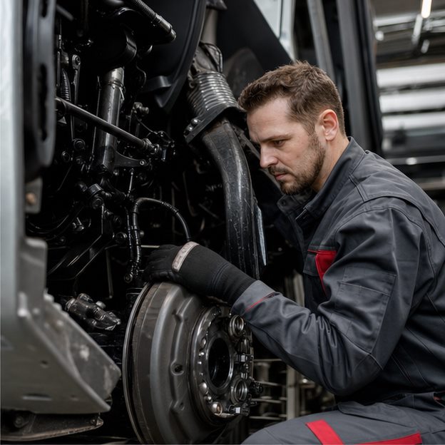 Detailaufnahme zur Sicherheitsprüfung bei Fix & Flott Detailaufnahme bei der Sicherheitsprüfung eines Lkw