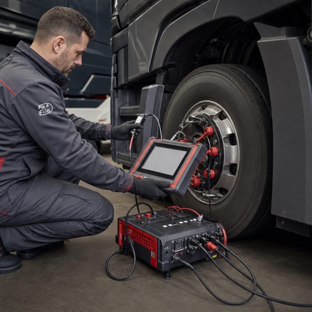 Tachoprüfung und -instandsetzung bei Fix & Flott Mechaniker kalibriert den Tachografen eines Lkw
